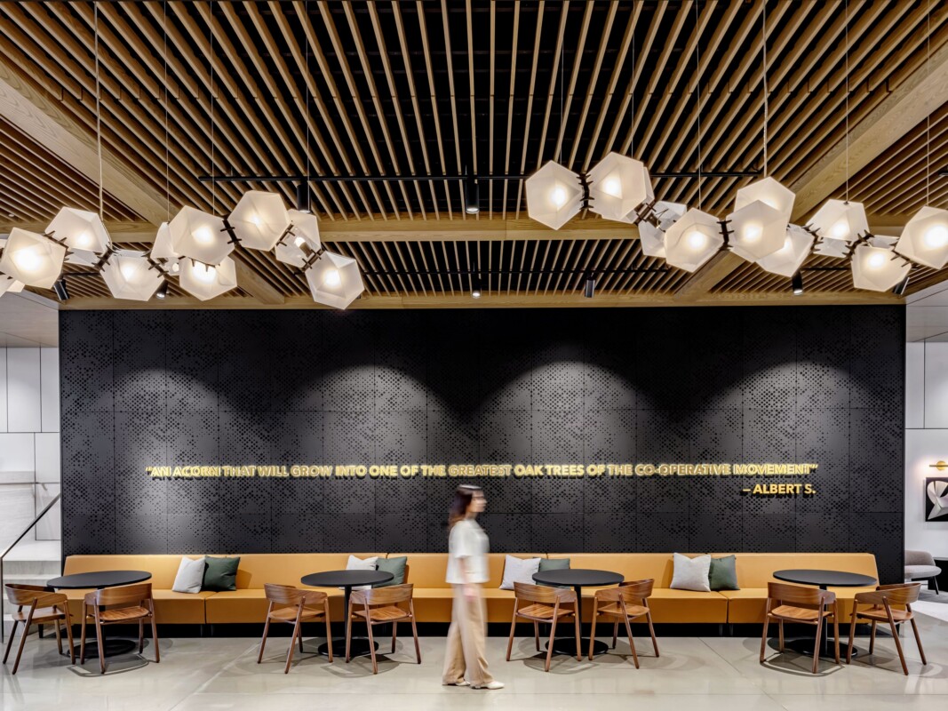 Co Operators modern lounge with Agilis perforated wall panels.