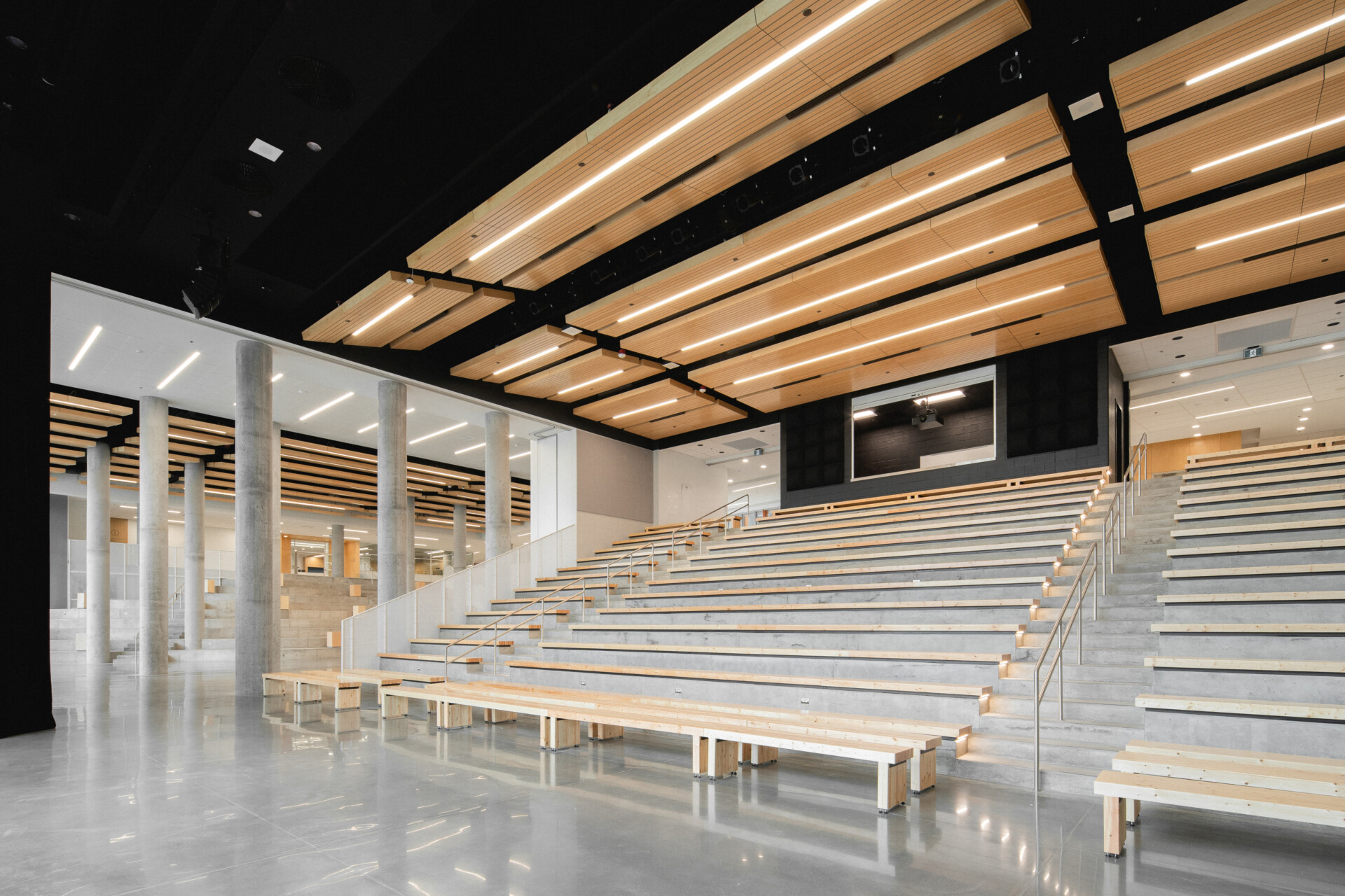 Irma LeVasseur Anjou Tignum suspended plank ceiling with integrated linear LED lighting and concrete columns.