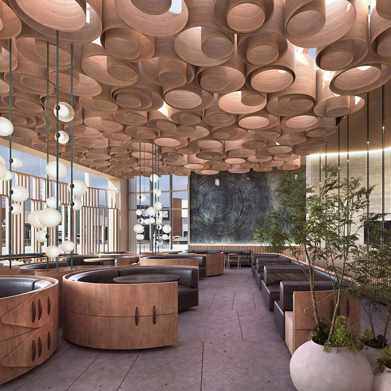 Nested wood cylinder ceiling installation at Din Tai Fung restaurant interior.