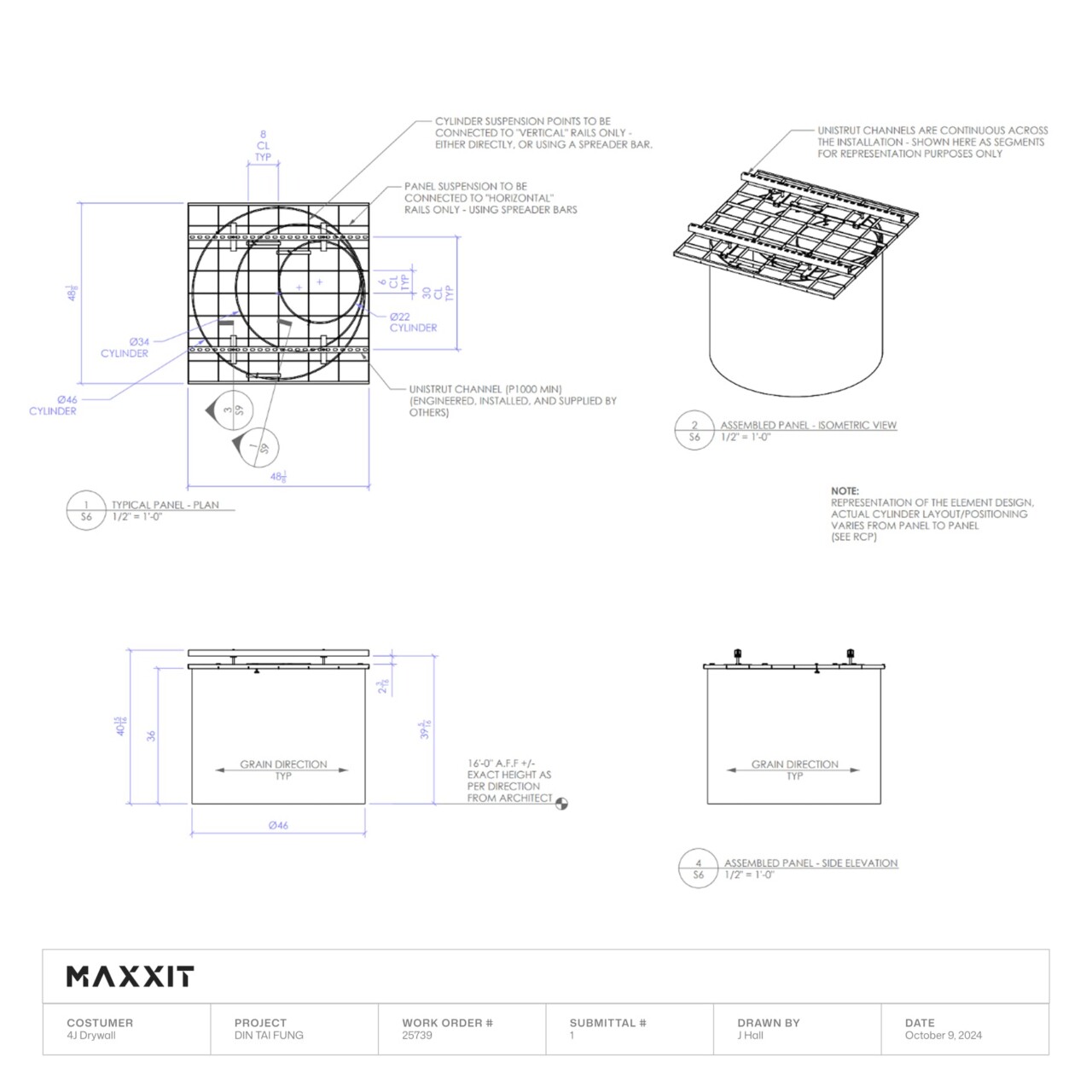 Maxxit technical drawing for Din Tai Fung suspended wood cylinder ceiling system.